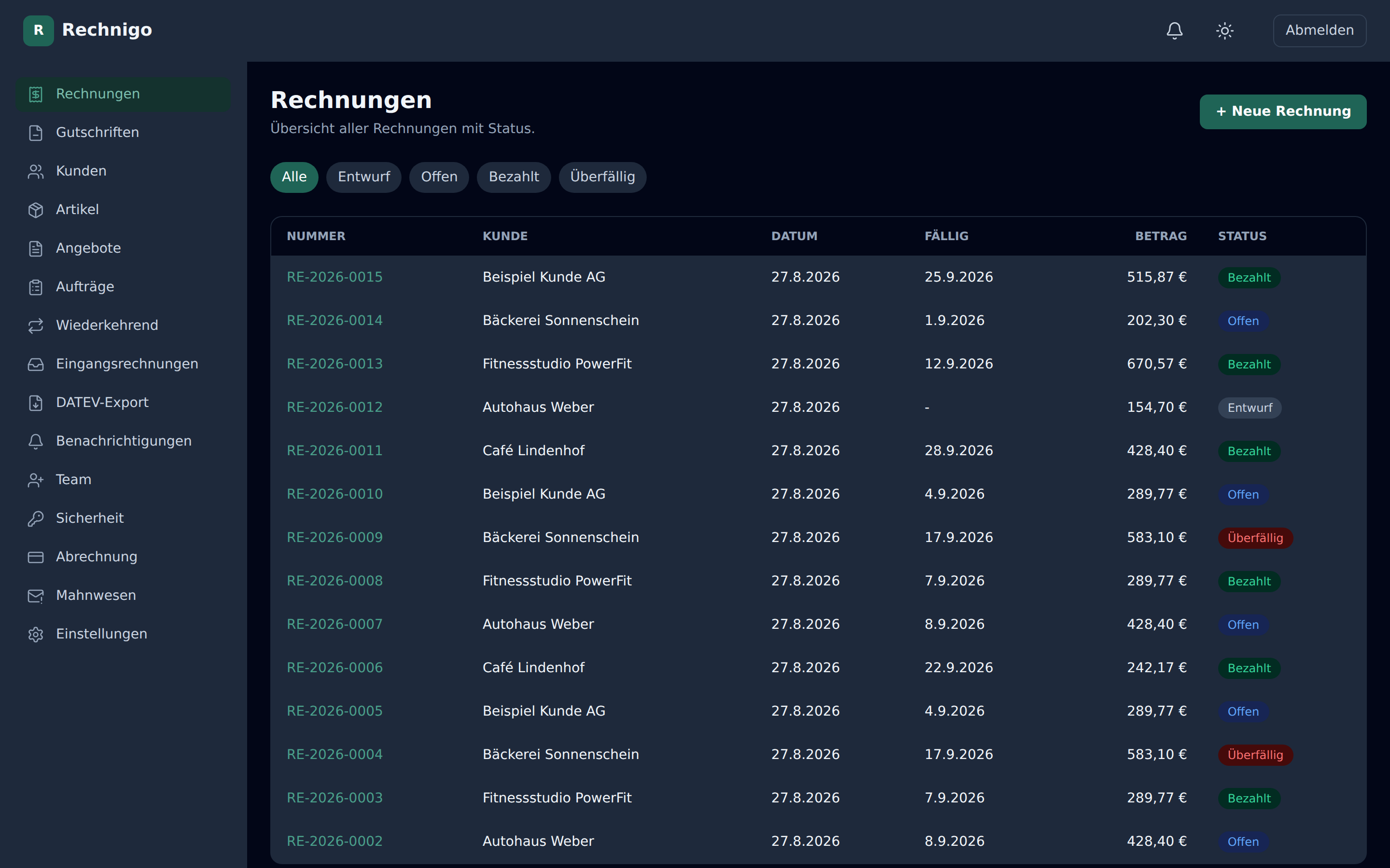 Rechnigo Dashboard – Übersicht aller Rechnungen mit Status