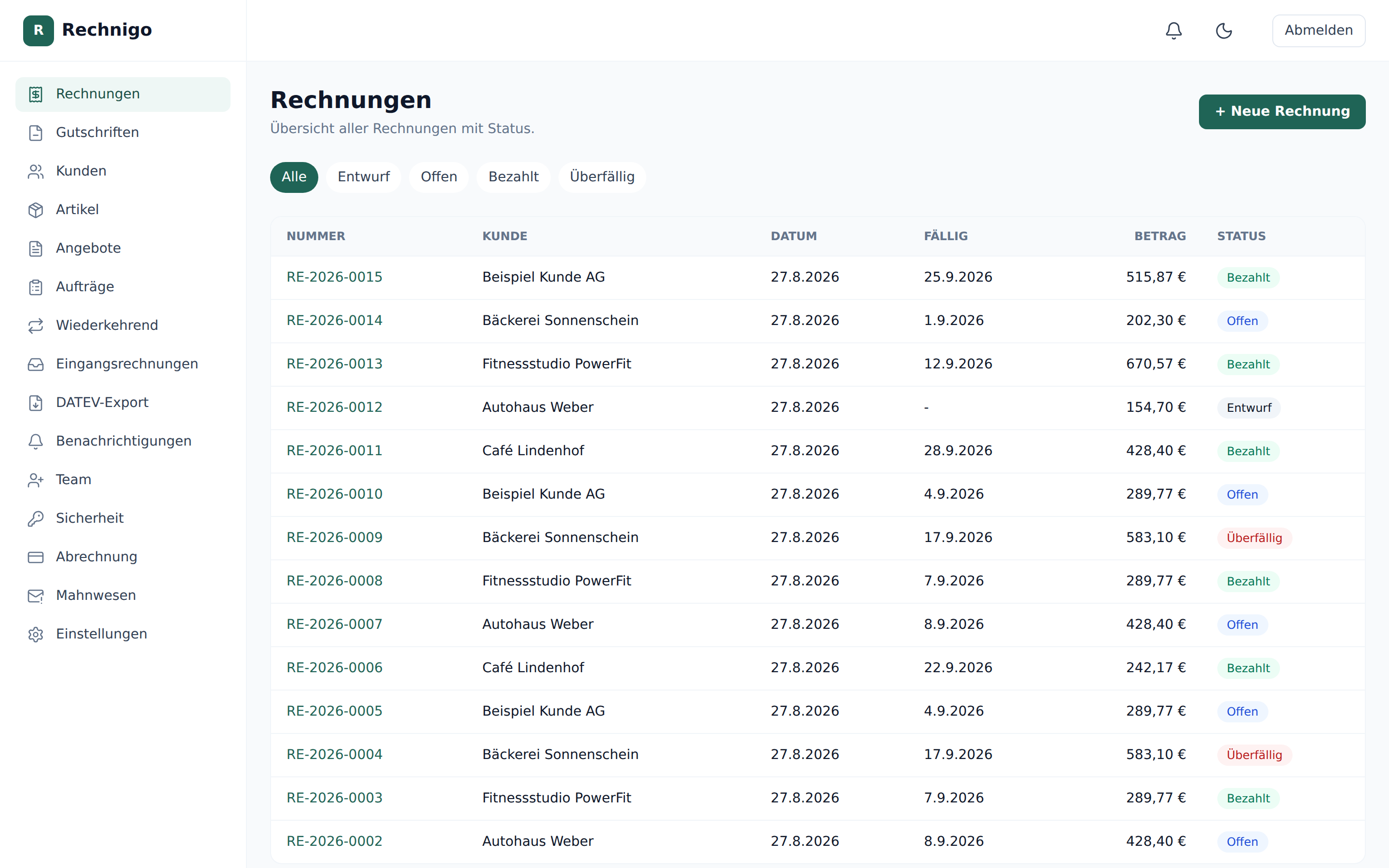 Rechnigo Dashboard – Übersicht aller Rechnungen mit Status